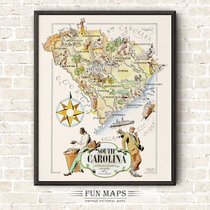 Mapa divertido del estado de Carolina del Sur: ilustración vintage con dibujos animados, aventura, decoración de pared, regalo o póster.