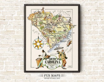 Fun State Map of South Carolina – Vintage Pictorial Whimsical Cartoon Print Illustration | Adventure | Wall Art Décor Gift | Poster