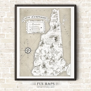 Mapa vintage del estado de New Hampshire: divertida ilustración pictórica con dibujos animados, aventura, decoración de pared, regalo o póster.