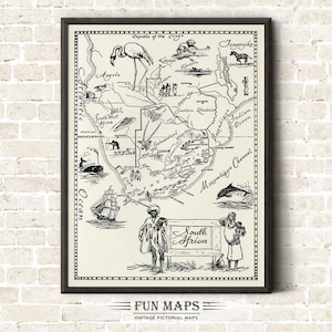 Mapa de Sudáfrica - Ilustración antigua con dibujos animados divertidos y pictóricos vintage, mapa, geografía, arte mural africano, decoración, regalo, póster, viajes