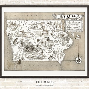 Mapa vintage del estado de Iowa: divertida ilustración pictórica y divertida, ideal para decorar paredes, regalos y pósteres.