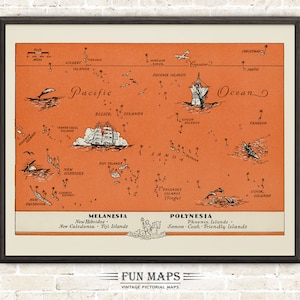 Map of Islands in Melanesia & Polynesia  – Fun Vintage Pictorial Animated Cartoon Print Illustration Wall Art Décor Gift Poster