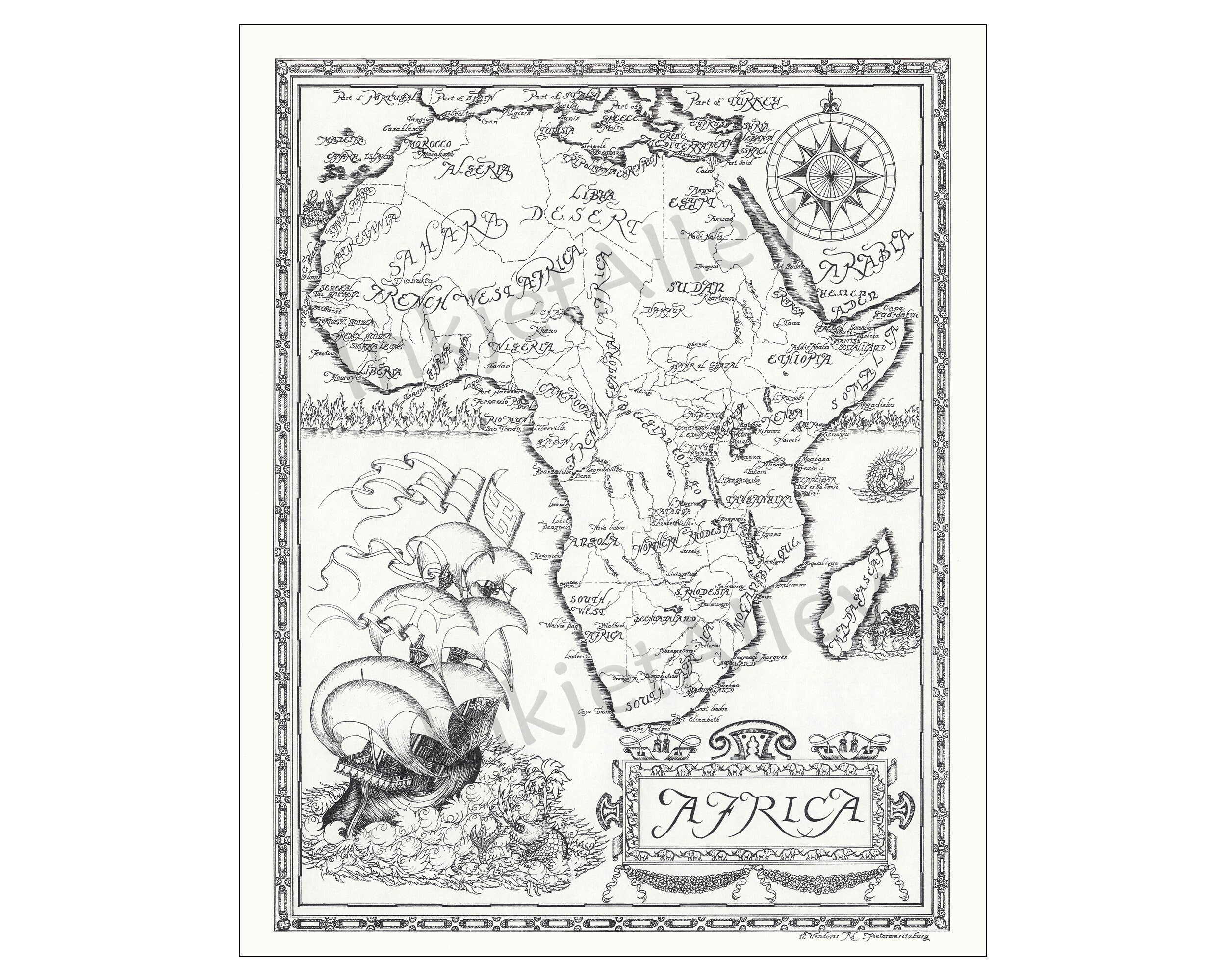 Map of Africa - Pictorial Vintage Print Old Pen & Ink Illustration of ...