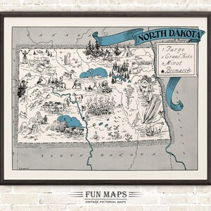 Mapa divertido de Dakota del Norte: Ilustración vintage con dibujos animados de Johst, decoración de pared, póster de regalo