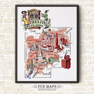 Mapa divertido de Trentino en Italia, dibujo animado antiguo, ilustración, arte mural italiano, regalo, póster de viaje, mapa de aventuras