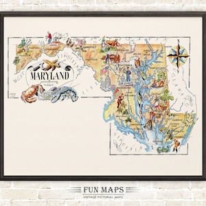 Mapa divertido del estado de Maryland: ilustración vintage con dibujos animados, aventura, decoración de pared, regalo y póster.