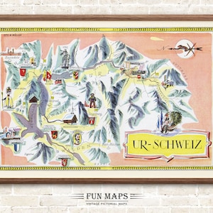 Fun Ski Run Piste Karte von Urschweiz in den Schweizer Alpen, Schweiz, Vintage bildliche Cartoon Druck Illustration, Wand Kunst Dekor Geschenk