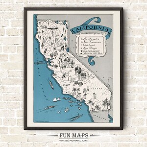 Mapa divertido de California: Ilustración vintage de dibujos animados de Johst, decoración de pared, póster de regalo