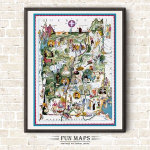 Vintage staatskaart van Vermont en New Hampshire – picturale grillige print illustratie avontuur muur kunst decor cadeau poster