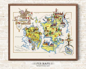Fun Map of Denmark Islands Fyn & Sjaelland Vintage Pictorial Whimsical Print Illustration Scandinavian Wall Art Travel Poster Adventure Map