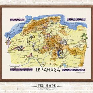 Mapa divertido del Sahara, ilustración antigua con dibujos animados, pictóricos y caprichosos, de Liozu, arte mural africano, regalo, póster de viaje, mapa de aventuras