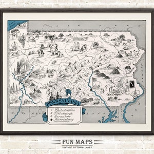 Mapa divertido de Pensilvania: ilustración vintage con dibujos animados de Johst, decoración de pared, póster de regalo