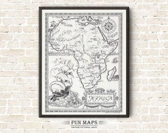 Map of Africa - Pictorial Vintage Print Old Pen & Ink Illustration of South African Wall Art Adventure Map Travel Black and White Drawing