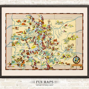 Mapa divertido del estado de Colorado: ilustración vintage con dibujos animados, aventura, decoración de pared, póster de regalo