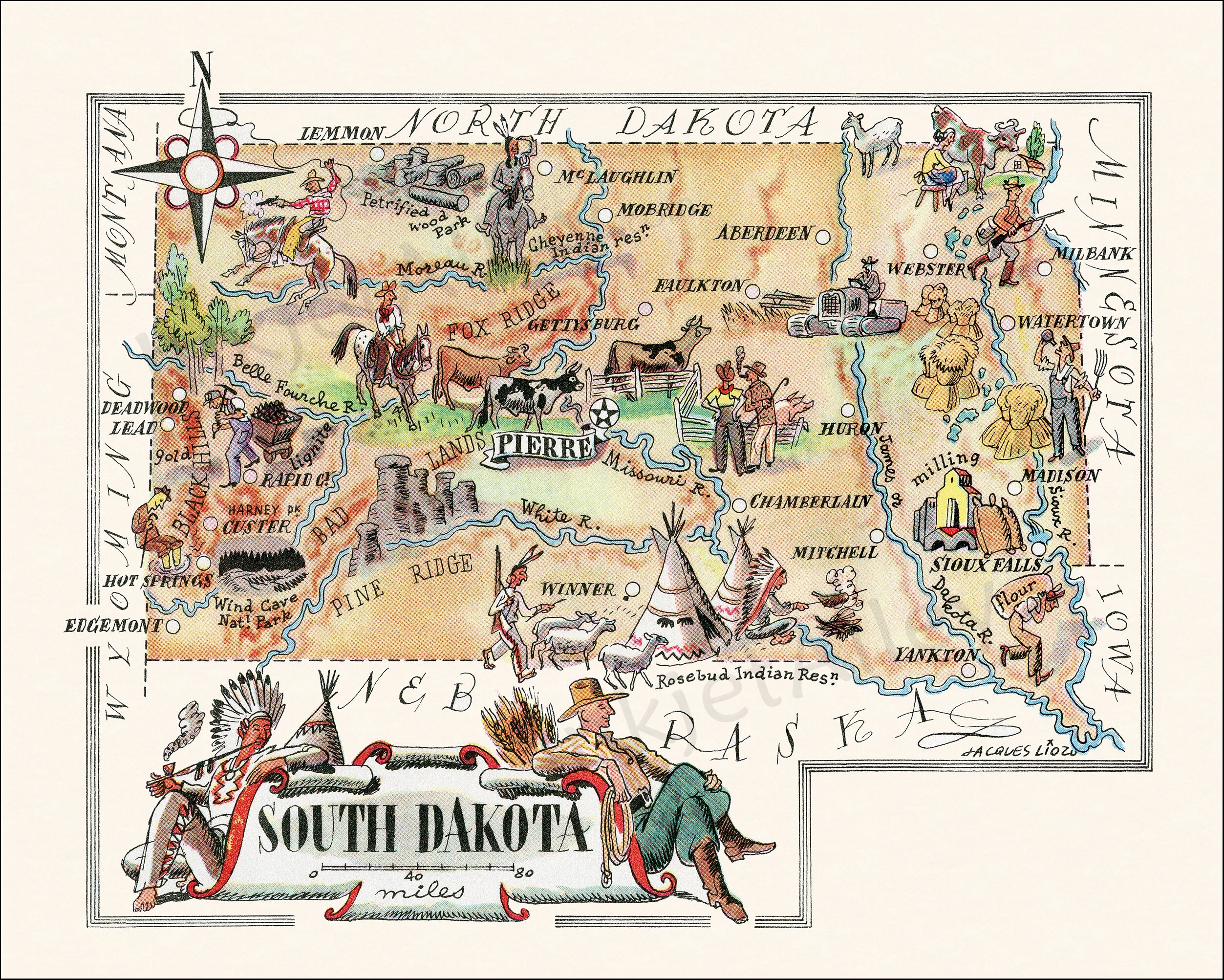Fun State Map of South Dakota Vintage Pictorial Whimsical Cartoon Print ...