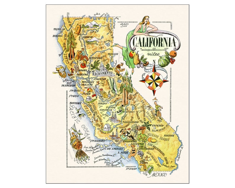 Carte d'État amusante de la Californie illustration vintage d'impression de dessin animé fantaisiste pictural des années 1940 par Liozu Art mural décoratif Cadeau Affiche image 2