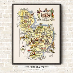 Fun Map of Eastern England in Great Britain, England, UK, Vintage Pictorial Print Illustration Adventure Wall Art Décor Gift Poster