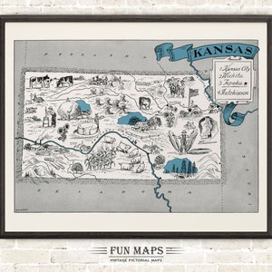 Mapa divertido de Kansas: ilustración vintage de dibujos animados de Johst, decoración de pared, póster de regalo