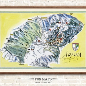 Fun Ski Run Lane Karte von Arosa in den Schweizer Alpen, Schweiz, Vintage bildliche Cartoon alte Druck Illustration, Wand Kunst Dekor Geschenk