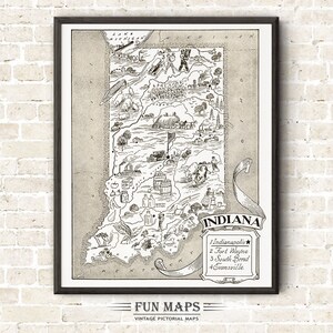 Mapa vintage del estado de Indiana: divertida ilustración pictórica y divertida, ideal para decorar paredes, regalos y pósteres.