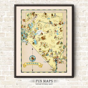 Fun State Karte von Nevada - Vintage bildhafte Cartoon-Druck-Illustration | Abenteuer | Wand Kunst Dekor Geschenk Poster