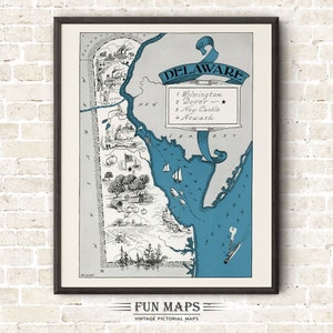 Mapa divertido de Delaware: ilustración vintage con dibujos animados de Johst, decoración de pared, póster de regalo