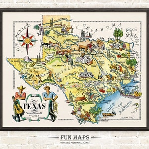 Carte d'état du Texas amusante – illustration vintage d'impression de dessin animé lunatique pictural | Aventure | Art mural décoratif | Cadeau | Affiche