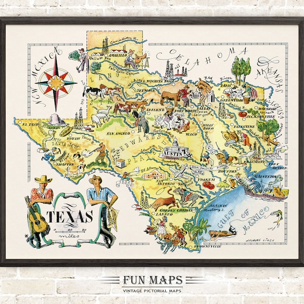 Mapa divertido do estado do Texas – Ilustração vintage em estilo cartoon | Aventura | Decoração de parede | Presente | Pôster