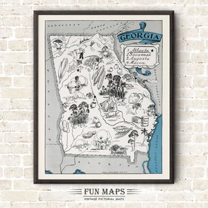 Mapa divertido de Georgia: Ilustración vintage con dibujos animados de Johst, decoración de pared, póster de regalo