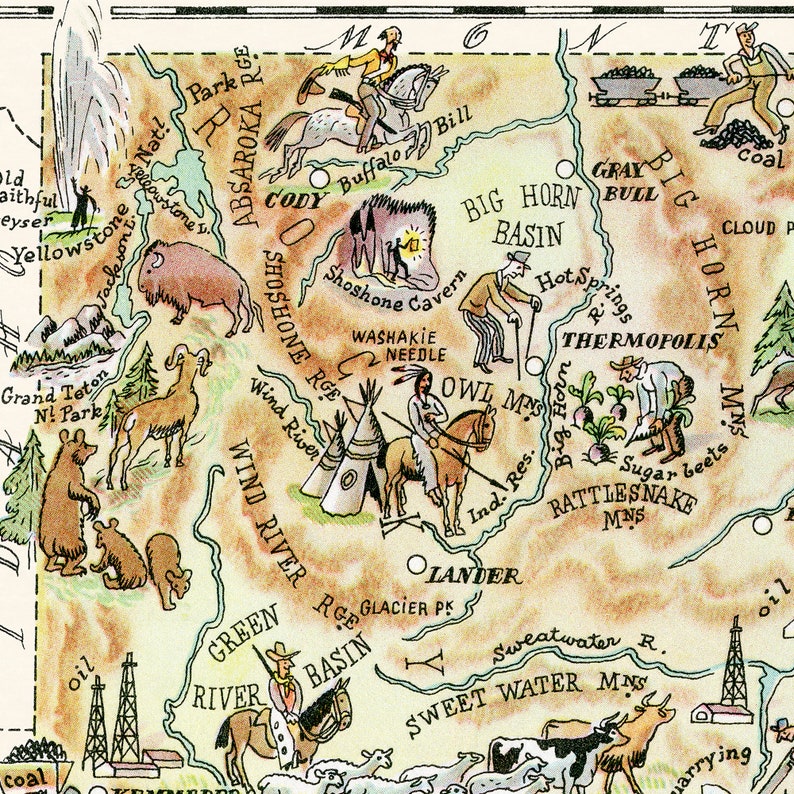 Fun State Map of Wyoming Vintage Pictorial Whimsical Cartoon Print Illustration from 1940s by Liozu Wall Art Décor Gift Poster image 4