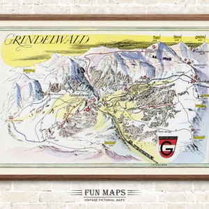 Fun Ski Run Track Map von Grindelwald in den Schweizer Alpen, Schweiz Vintage Bildkarikatur Druck Illustration, Wand Kunst Dekor Geschenk