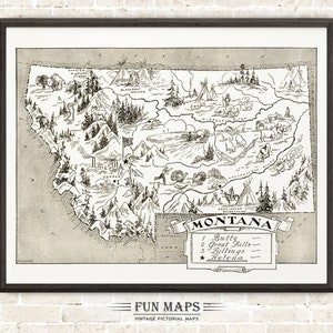 Mapa vintage del estado de Montana: divertida ilustración pictórica y divertida, ideal para decorar paredes, regalos y pósteres.