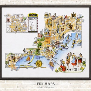 Mapa divertido de Nápoles en Italia, dibujo animado antiguo, ilustración, arte mural italiano, regalo, póster de viaje, mapa de aventuras