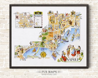 イタリアのナポリの楽しい地図 ヴィンテージの絵入り気まぐれな漫画の
