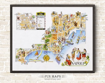 Fun Map of Naples in Italy Vintage Pictorial Whimsical Cartoon Old Print Illustration Italian Wall Art Gift Travel Poster Adventure Map