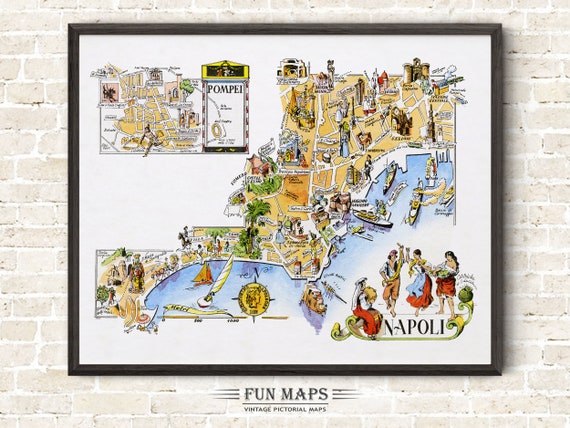 イタリアのナポリの楽しい地図 ヴィンテージの絵入り気まぐれな漫画の