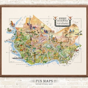 Mapa divertido de África Occidental, dibujo animado antiguo, ilustración, arte mural africano, regalo, póster de viaje, mapa de aventuras