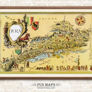 Mapa divertido del Jura en Suiza: ilustración antigua, pictórica, caprichosa, de dibujos animados, aventura, arte de pared, decoración, regalo, póster, viaje.