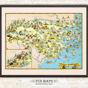 Mapa divertido del estado de Carolina del Norte: ilustración vintage con dibujos animados, aventura y decoración de pared.