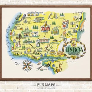 May include: A framed vintage pictorial map of Lisbon and its surroundings, featuring colorful illustrations of landmarks, people, and local activities. The map includes a compass rose and the text "FUN MAPS".