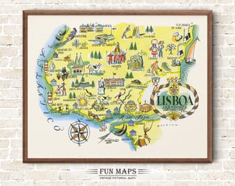 Fun Map of Lisbon in Portugal Vintage Pictorial Whimsical Cartoon Old Print Illustration Spanish Wall Art Gift Travel Poster Adventure Map