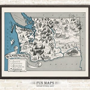 Mapa divertido de Washington: ilustración vintage de dibujos animados de Johst, decoración de pared, póster de regalo