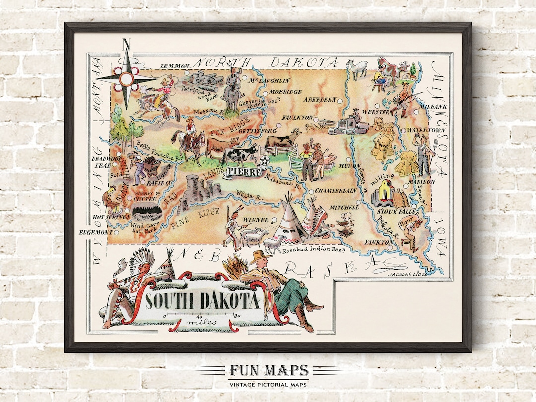 Fun State Map of South Dakota – Vintage Pictorial Whimsical Cartoon ...