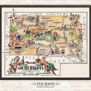 Mapa divertido del estado de Dakota del Sur: ilustración vintage con dibujos animados, aventura, decoración de pared, regalo y póster.