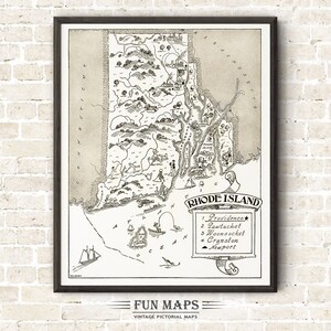 Mapa vintage del estado de Rhode Island: divertida ilustración pictórica con dibujos animados, aventura, decoración de pared, regalo y póster.