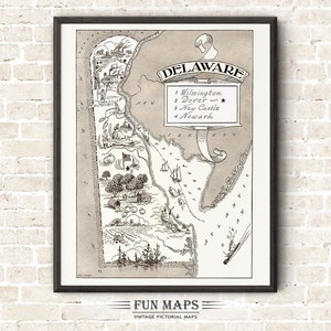 Mapa vintage del estado de Delaware: ilustración divertida, pictórica y divertida, ideal para decorar paredes, regalos y pósteres.