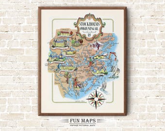 Fun Map of Stockholm in Sweden Vintage Pictorial Whimsical Print Illustration Scandinavian Wall Art Travel Poster Nordic Adventure Map