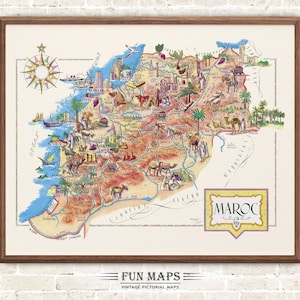 Carte amusante du Maroc, Afrique du Nord, vintage, dessin animé lunatique pictural, vieille impression, illustration, art mural africain, cadeau, affiche de voyage, carte de l'aventure