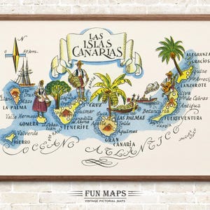 May include: A vintage pictorial map of the Canary Islands, framed in brown. The map features illustrations of people, boats, and palm trees. Text includes island names and the words "Las Islas Canarias" in a banner. The map is labeled "Fun Maps".