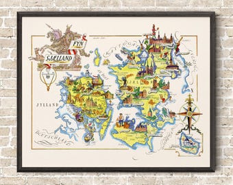 Fun Map of Denmark Islands Fyn & Sjaelland Vintage Pictorial